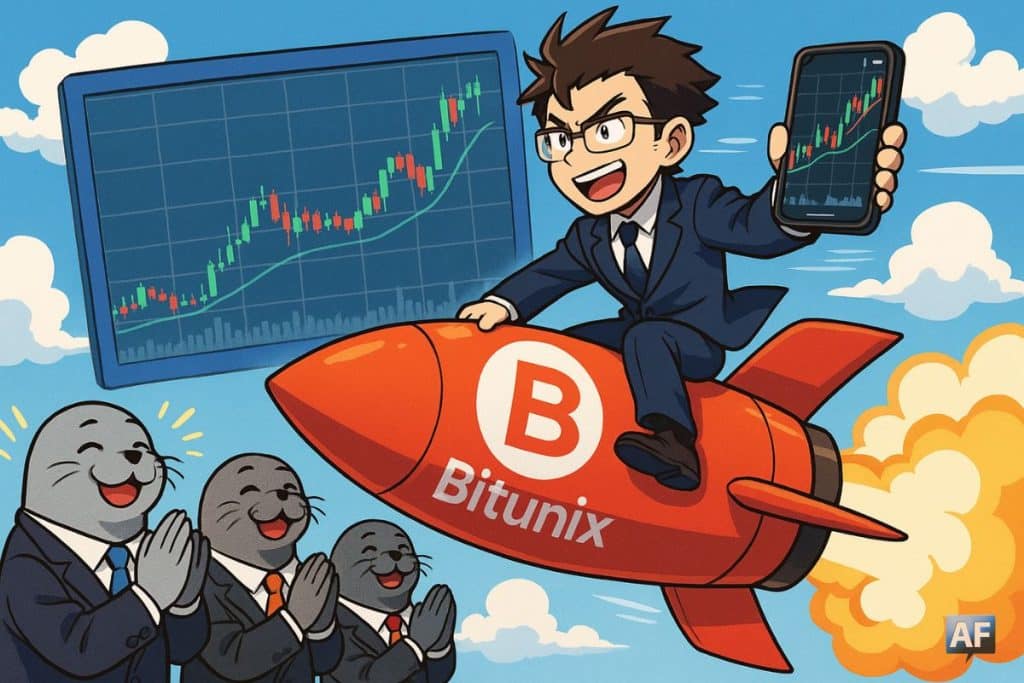 Un trader animé chevauchant une fusée ornée du logo Bitunix, tenant un smartphone avec graphiques TradingView en arrière-plan
