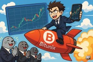 Un trader animé chevauchant une fusée ornée du logo Bitunix, tenant un smartphone avec graphiques TradingView en arrière-plan