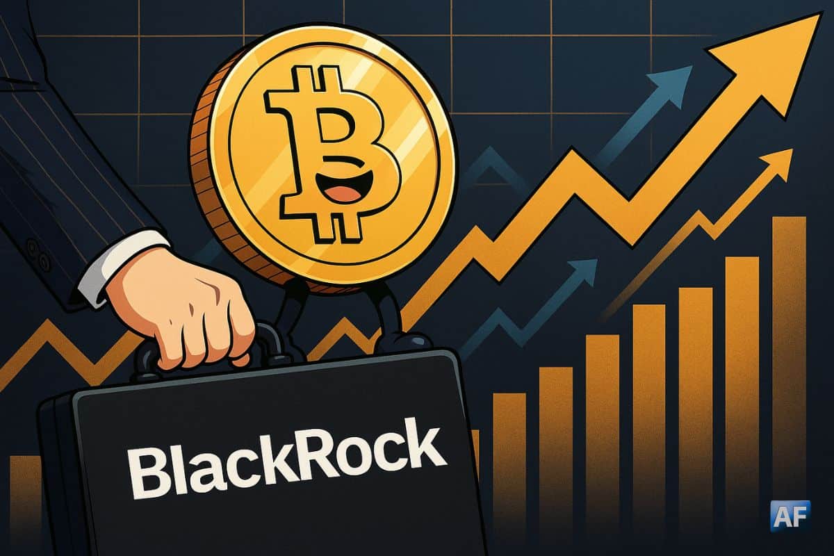 Une pièce de Bitcoin souriante juchée sur une valise noire marquée du logo “BlackRock”, tenue par une main habillée d’un costume élégant à rayures, devant un graphique financier haussier aux couleurs noir et or, avec des flèches ascendantes