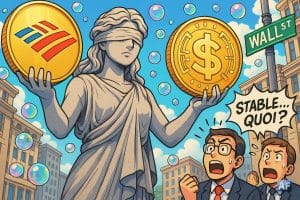 Une statue de la déesse Justice, yeux bandés, remplace sa balance par deux pièces géantes : l’une porte le logo Bank of America, l’autre un dollar numérique scintillant.