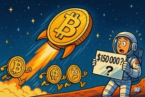 Un Bitcoin géant en or fuse à travers un ciel nocturne étoilé, laissant derrière lui une traînée de flammes, tandis qu’un astronaute surpris, sur une planète rougeâtre, tient une pancarte “150 000 $ ?”