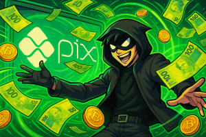 Un hacker masqué façon héros de manga, debout devant un écran géant affichant le logo PIX, lance des liasses de réals brésiliens et des pièces de Bitcoin dans un tourbillon numérique vert fluorescent