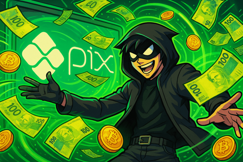 Un hacker masqué façon héros de manga, debout devant un écran géant affichant le logo PIX, lance des liasses de réals brésiliens et des pièces de Bitcoin dans un tourbillon numérique vert fluorescent