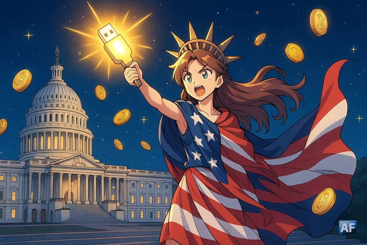 Une Marianne héroïque, drapée dans le drapeau américain, brandit une clé USB géante lumineuse sur les marches du Capitole, tandis que des pièces de Bitcoin tournoient comme des confettis autour d’elle.