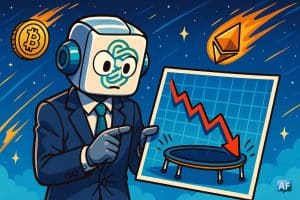 Un robot-analyste ChatGPT vêtu d’un costume de trader, tenant un graphique crypto en chute libre qui se transforme en trampoline. À l’arrière-plan, des jetons BTC et ETH voltigent comme des étoiles filantes.