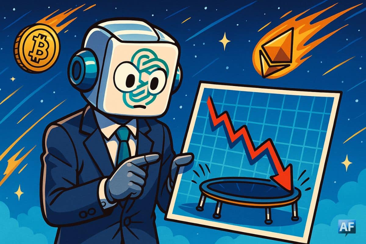Un robot-analyste ChatGPT vêtu d’un costume de trader, tenant un graphique crypto en chute libre qui se transforme en trampoline. À l’arrière-plan, des jetons BTC et ETH voltigent comme des étoiles filantes.