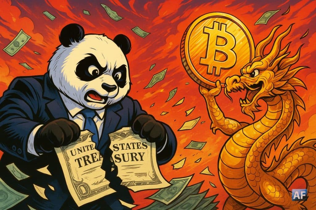 Un panda en costume d’analyste déchire un bon du Trésor américain, tandis qu’un dragon doré brandit un énorme Bitcoin brillant
