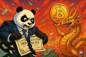 Un panda en costume d’analyste déchire un bon du Trésor américain, tandis qu’un dragon doré brandit un énorme Bitcoin brillant