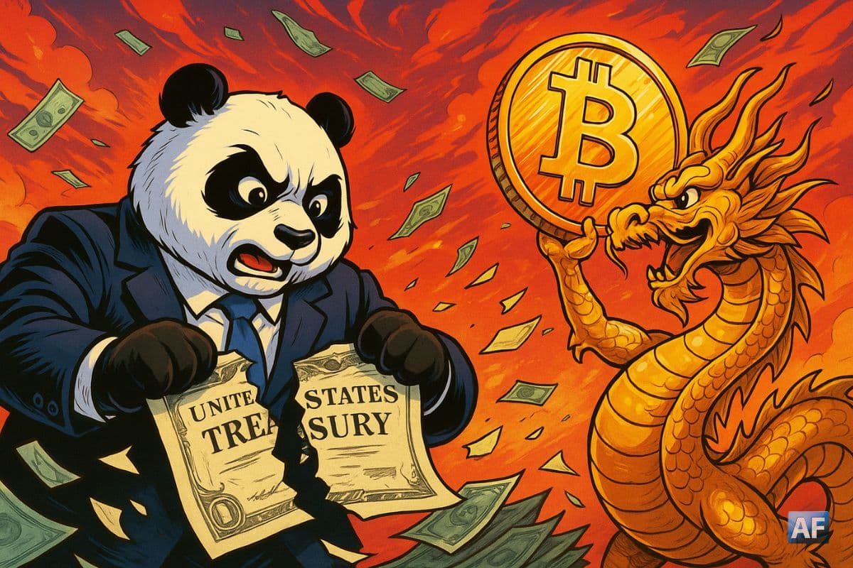 Un panda en costume d’analyste déchire un bon du Trésor américain, tandis qu’un dragon doré brandit un énorme Bitcoin brillant