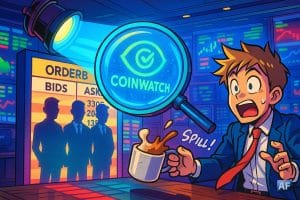 Un projecteur éclaire un carnet d’ordres géant où des market makers en costume apparaissent comme des ombres chinoises démasquées par une loupe holographique frappée du logo Coinwatch