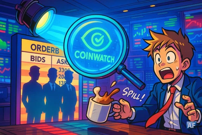 Un projecteur éclaire un carnet d’ordres géant où des market makers en costume apparaissent comme des ombres chinoises démasquées par une loupe holographique frappée du logo Coinwatch