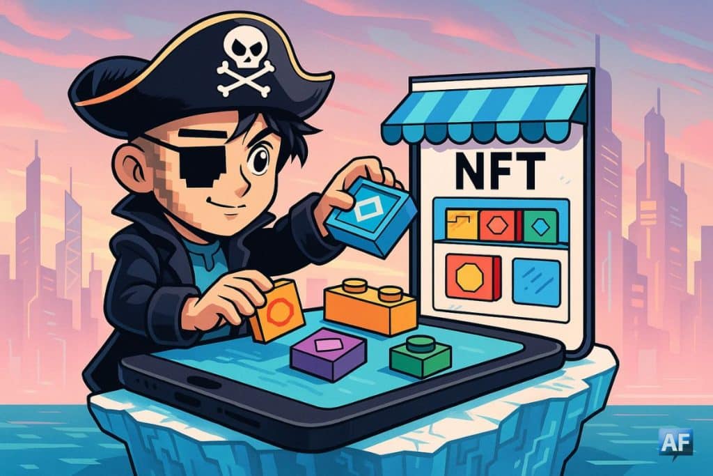 Un pirate du Web3, à moitié avatar pixelisé et à moitié humanoïde stylisé manga, construit une boutique NFT avec des briques en forme de tokens colorés, sur un smartphone géant en équilibre sur un iceberg numérique.