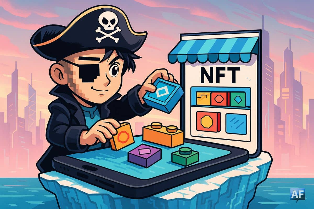 Un pirate du Web3, à moitié avatar pixelisé et à moitié humanoïde stylisé manga, construit une boutique NFT avec des briques en forme de tokens colorés, sur un smartphone géant en équilibre sur un iceberg numérique.