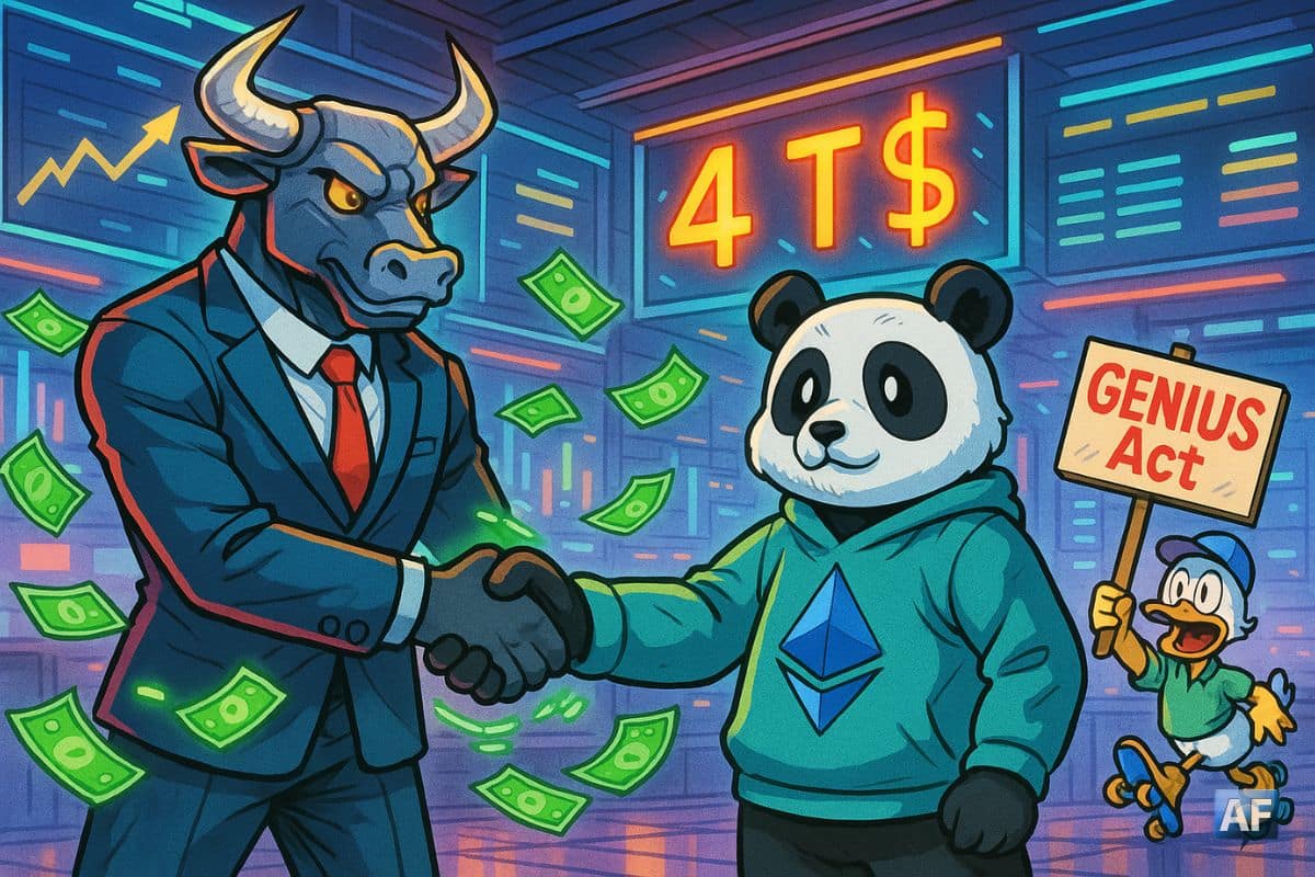 Salle de marché futuriste : les écrans affichent « 4 T $ » en lettres de néon, pendant qu’un robot-taureau en costume serre la main d’un panda Ethereum, des billets virtuels tourbillonnant autour d’eux.