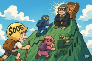Un groupe d’explorateurs crypto ($DOG, $6900, $MOG, $TURBO) grimpe une montagne en forme de graphique en chandeliers, surmontée d'un coffre au trésor scintillant gardé par un singe géant style WallStreetBets.