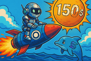 Un robot futuriste chevauchant une fusée ornée du logo ORN qui tourne autour d’un soleil affichant “150 $” ; un dauphin pixelisé, allégorie de Solana, nage en dessous avec un air pensif.