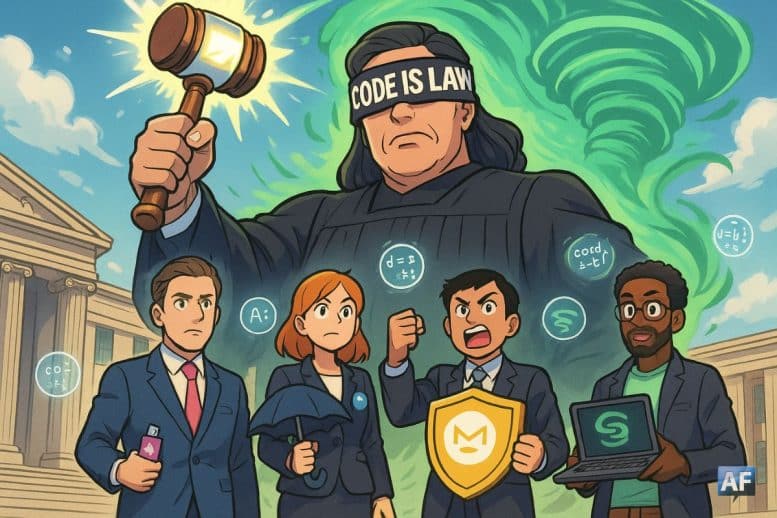 Un juge gigantesque en robe, visage masqué par un bandeau « Code is Law », brandit un maillet lumineux façon marteau de Thor, en surplombant de minuscules personnages en costume qui incarnent les protocoles DeFi.