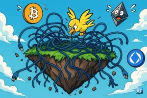 Une île flottante dans le ciel, couverte de câbles réseau cassés, est sur le point de s’effondrer car un simple fil est en train d’être coupé par un petit oiseau malicieux. En arrière-plan, des logos crypto flottent paniqués dans les airs.
