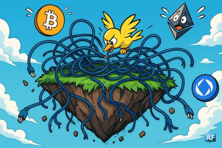 Une île flottante dans le ciel, couverte de câbles réseau cassés, est sur le point de s’effondrer car un simple fil est en train d’être coupé par un petit oiseau malicieux. En arrière-plan, des logos crypto flottent paniqués dans les airs.