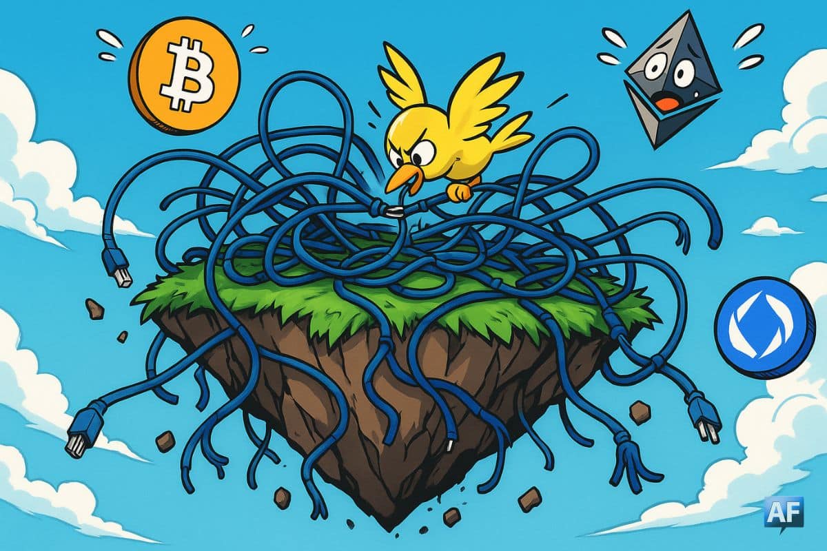 Une île flottante dans le ciel, couverte de câbles réseau cassés, est sur le point de s’effondrer car un simple fil est en train d’être coupé par un petit oiseau malicieux. En arrière-plan, des logos crypto flottent paniqués dans les airs.