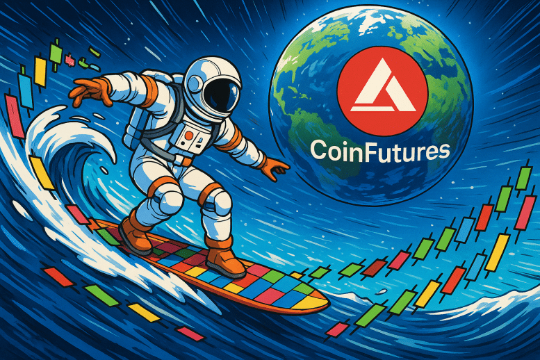Un trader en combinaison spatiale surfe sur une vague de chandeliers japonais multicolores, la planète Terre en arrière-plan affiche le logo Coinfutures