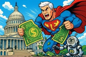 Tom Emmer en Superman déchirant un billet numérique géant, pendant qu’un robot à l’effigie de la Fed ramasse les morceaux.