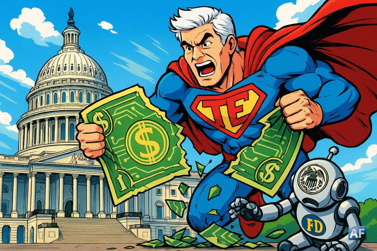 Tom Emmer en Superman déchirant un billet numérique géant, pendant qu’un robot à l’effigie de la Fed ramasse les morceaux.