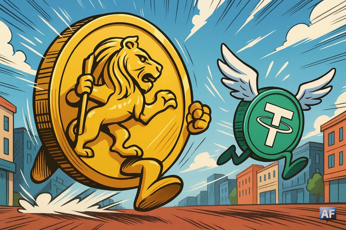 Une gigantesque pièce frappée du lion de la Banque d’Angleterre fonce sur un stablecoin USDT ailé qui tente de s’enfuir.