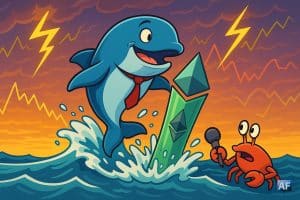 Une baleine bleue en cravate rouge surfe sur une gigantesque bougie verte Ethereum qui jaillit de l’océan, tandis qu’un crabe journaliste brandit un micro neutre.