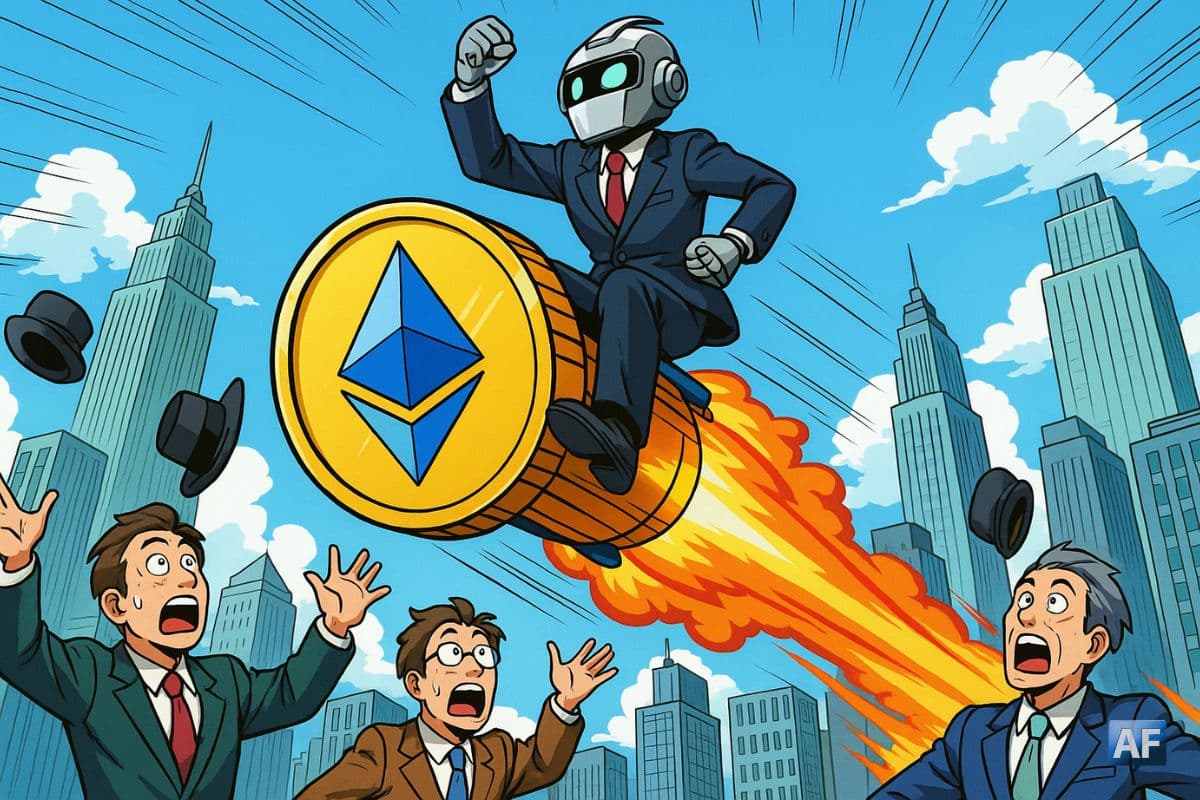 Un robot trader en costume trois-pièces chevauche un gigantesque jeton Ethereum qui fuse au-dessus des gratte-ciel de Wall Street, tandis que des banquiers abasourdis lancent leurs chapeaux en l’air.