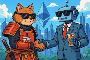 Un chat samouraï et un robot financier se serrent la main devant un skyline futuriste d’Ethereum ; les deux portent des lunettes de soleil et boivent un bubble tea.