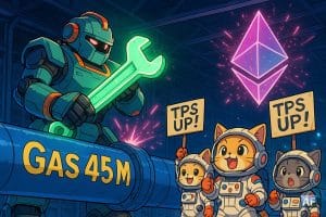 Dans un hangar futuriste, un robot-forgeron géant serre une clé anglaise phosphorescente sur un tuyau bleu marqué “Gas 45 M”. Autour, des chatons-validateurs en combinaisons spatiales lèvent des pancartes “TPS UP !”.