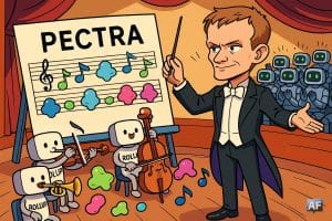 Vitalik Buterin représenté en chef d’orchestre dirigeant un orchestre de mini-rollups jouant des notes en forme de blobs, devant un public de validateurs‐robots devant une immense partition titrée « Pectra ».