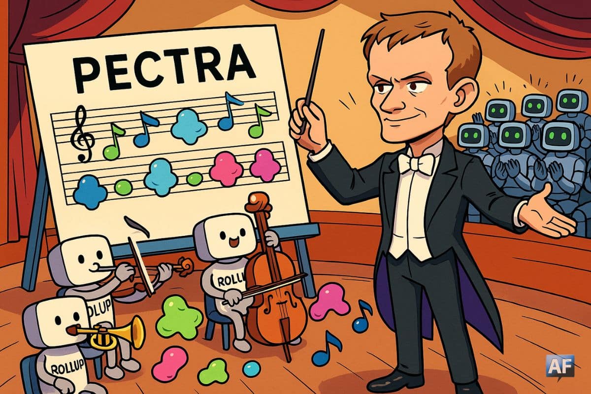 Vitalik Buterin représenté en chef d’orchestre dirigeant un orchestre de mini-rollups jouant des notes en forme de blobs, devant un public de validateurs‐robots devant une immense partition titrée « Pectra ».