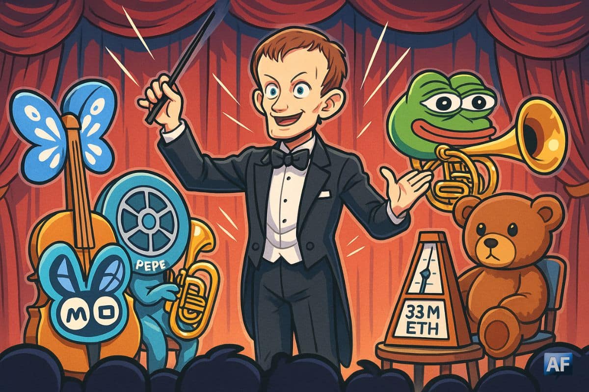 Un Vitalik Buterin en costume de chef d’orchestre dirige un orchestre où chaque instrument est un logo de projet Ethereum (Morpho, Aerodrome, PEPE…). Au premier rang, un ours en peluche représente le risque.