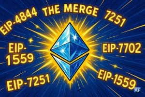 Un diamant étincelant en forme d'Ethereum est auréolé de gloire et de chiffres et lettres de lumière représentant les différentes EIP : 4844, 7251, 7702, 1559, The Merge.