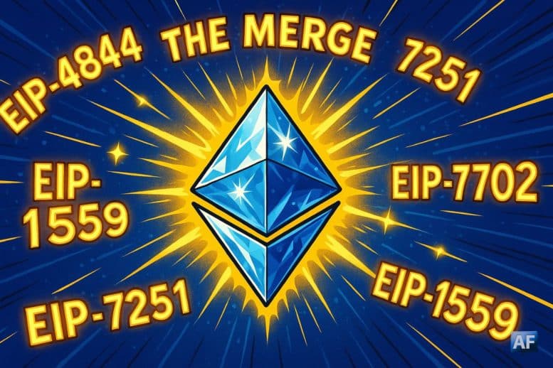 Un diamant étincelant en forme d'Ethereum est auréolé de gloire et de chiffres et lettres de lumière représentant les différentes EIP : 4844, 7251, 7702, 1559, The Merge.