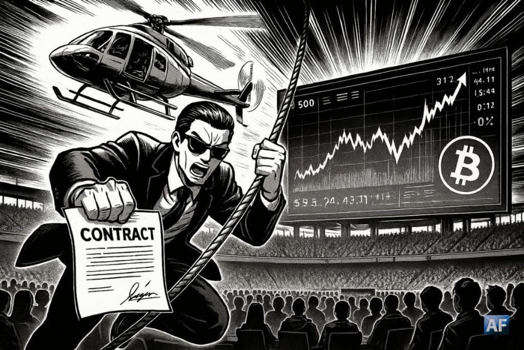 Un ex-banquier en costume-cravate, lunettes fumées, est hélitreuillé depuis un hélicoptère en brandissant un contrat signé, pour atterrir sur une arène de e-sport remplie de parieurs numériques