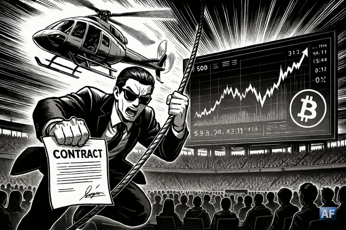 Un ex-banquier en costume-cravate, lunettes fumées, est hélitreuillé depuis un hélicoptère en brandissant un contrat signé, pour atterrir sur une arène de e-sport remplie de parieurs numériques