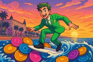 Un trader en costume vert Robinhood surfe sur une vague de pièces tokénisées multicolores, la Croisette de Cannes en arrière-plan au coucher du soleil