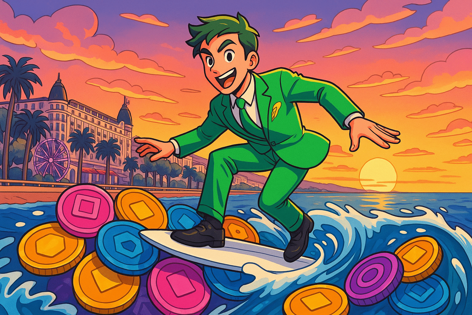 Un trader en costume vert Robinhood surfe sur une vague de pièces tokénisées multicolores, la Croisette de Cannes en arrière-plan au coucher du soleil