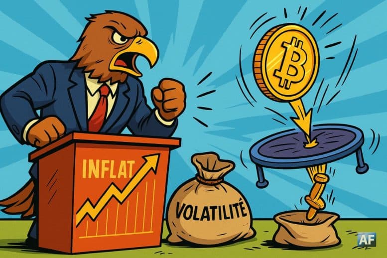 Un économiste en costume-cravate, avec une tête de faucon, tape du poing sur un pupitre en forme de graphique inflationniste. En arrière-plan, un Bitcoin géant rebondit sur un trampoline boursier.