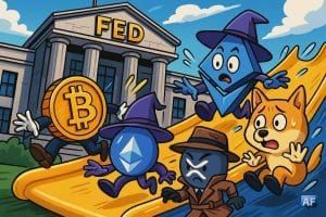 Quatre mascottes – un Bitcoin en costume, un Ethereum façon magicien, un Doge perplexe et un XRP en détective – chutent sur un toboggan doré devant la Fed stylisée en forteresse.