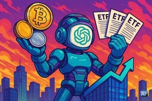 ChatGPT, casque cybernétique sur la tête, tient dans sa main gauche trois pièces géantes – une de Bitcoin, une d’or et une d’argent – et dans sa main droite trois feuilles marquées "ETF" au sommet d’un gratte-ciel en forme de graphique haussier