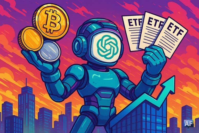 ChatGPT, casque cybernétique sur la tête, tient dans sa main gauche trois pièces géantes – une de Bitcoin, une d’or et une d’argent – et dans sa main droite trois feuilles marquées "ETF" au sommet d’un gratte-ciel en forme de graphique haussier