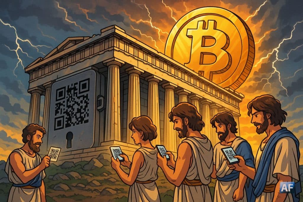 Le Parthénon transformé en gigantesque hardware-wallet, des Athéniens en toges scannent des QR codes sous un ciel orageux, tandis qu’un Bitcoin doré colossal se lève derrière les colonnes