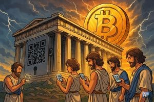 Le Parthénon transformé en gigantesque hardware-wallet, des Athéniens en toges scannent des QR codes sous un ciel orageux, tandis qu’un Bitcoin doré colossal se lève derrière les colonnes