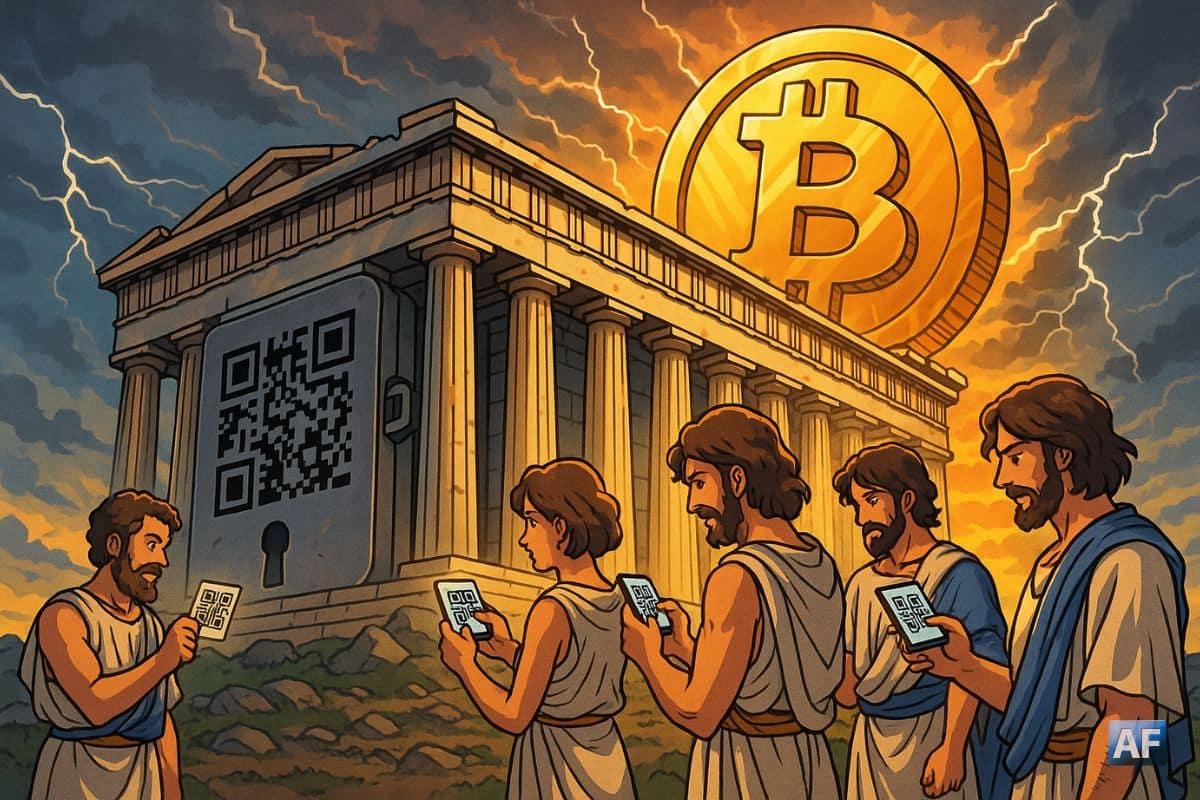 Le Parthénon transformé en gigantesque hardware-wallet, des Athéniens en toges scannent des QR codes sous un ciel orageux, tandis qu’un Bitcoin doré colossal se lève derrière les colonnes