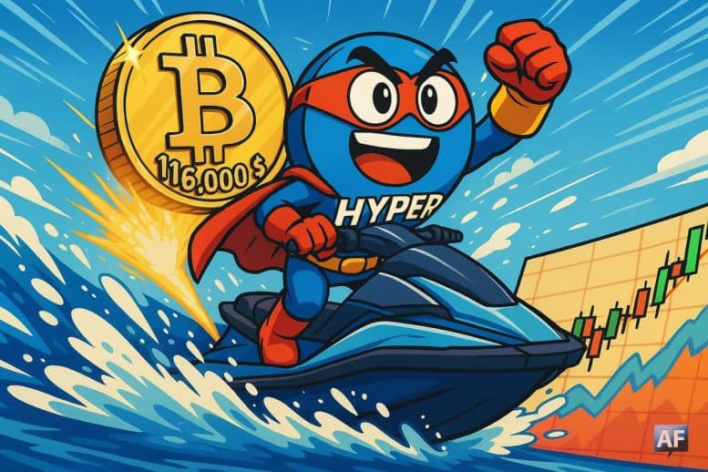 Une énorme pièce d’or marquée “₿ 116 000 $” propulse un jet-ski futuriste piloté par un token anthropomorphe “HYPER” en tenue de super-héros, éclaboussant des graphiques boursiers