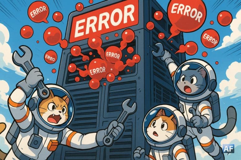 Un serveur gigantesque, en panne, crache des bulles rouges « Error ». De petits traders-chats en combinaisons spatiales tentent de le réparer avec des clés à molette.